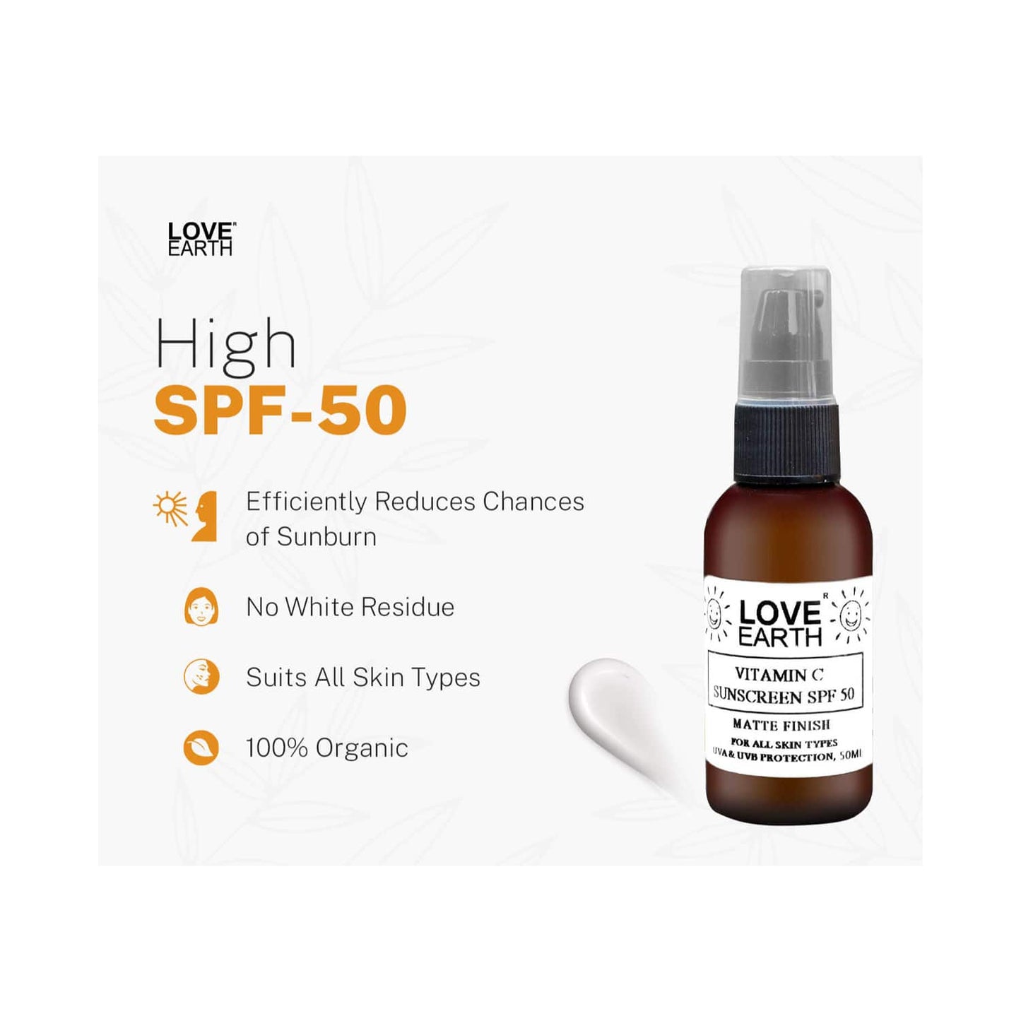 Love Earth Vitamin C Sunscreen SPF 50 UVA UVB Ray Protection With Vitamin C & Essential Oils (50ml)