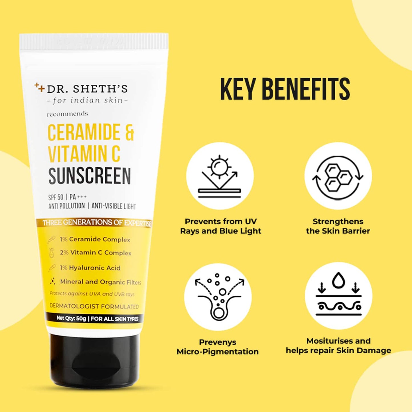 Dr. Sheth's Ceramide & Vitamin C Sunscreen SPF 50+ PA+++ (50g)