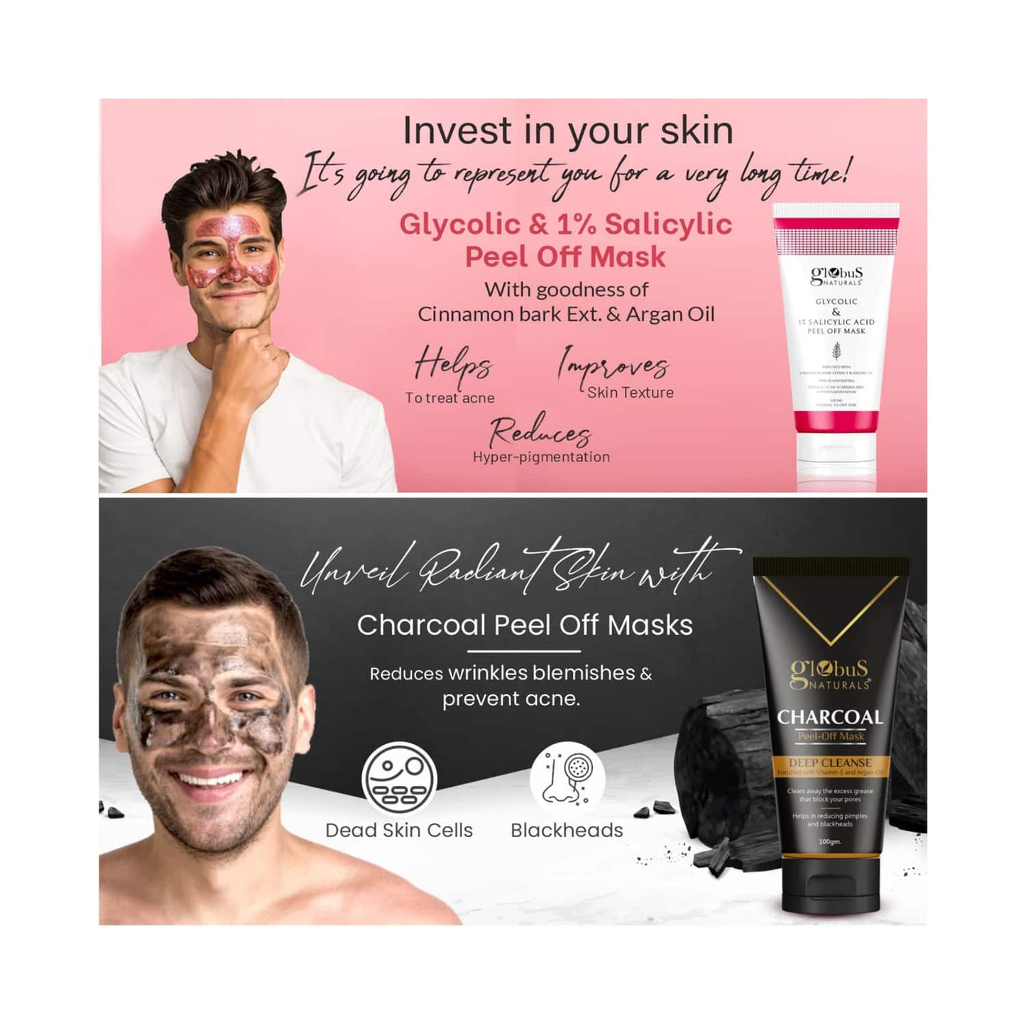 Globus Naturals Deep Cleanse Charcoal & Glycolic & 1% Salicylic Acid Peel Off Mask Combo ( Men) (2pc)