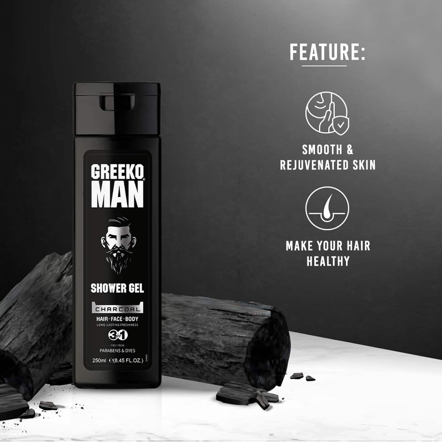 Greeko Man 3-In-1 Charcoal Shower Gel (250ml)