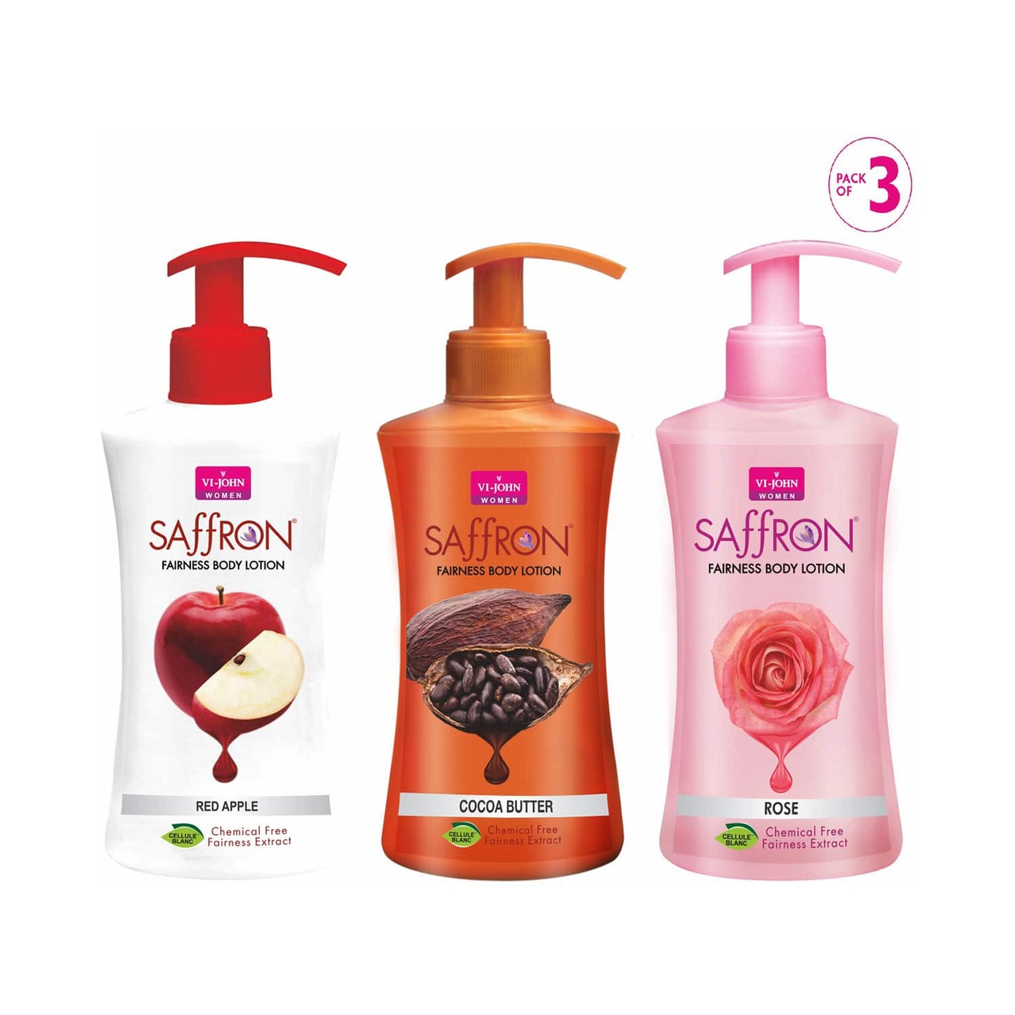 VI-JOHN Fairness Body Lotion Red Apple, Cocoa Butter & Rose (Pack of 3) (250 ml)