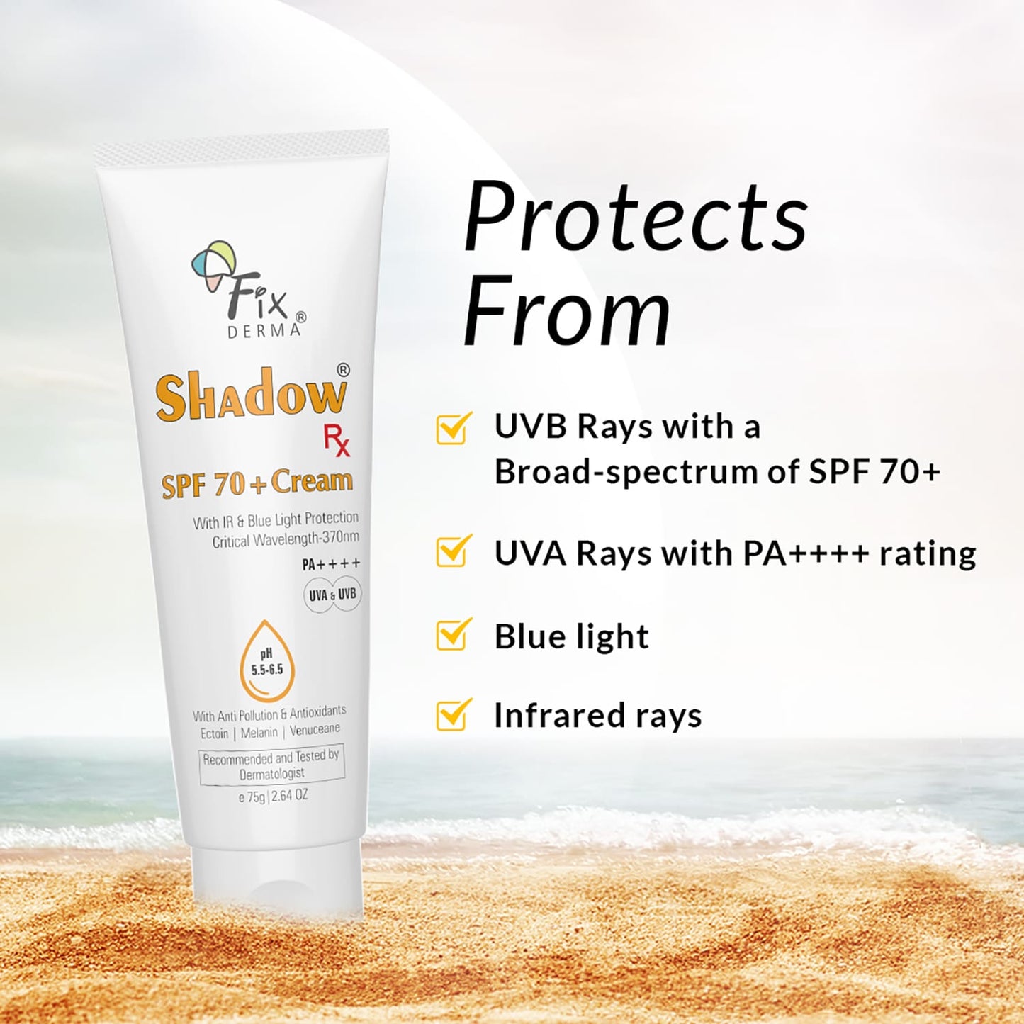 Fixderma Shadow RX Sunscreen SPF 70+ UVA & UVB with IR Protection & Blue Light Protection (75g)