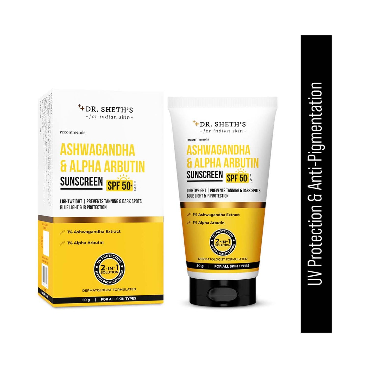 Dr. Sheth's Ashwagandha & Alpha Arbutin Sunscreen With SPF 50+ PA++++ (50 g)