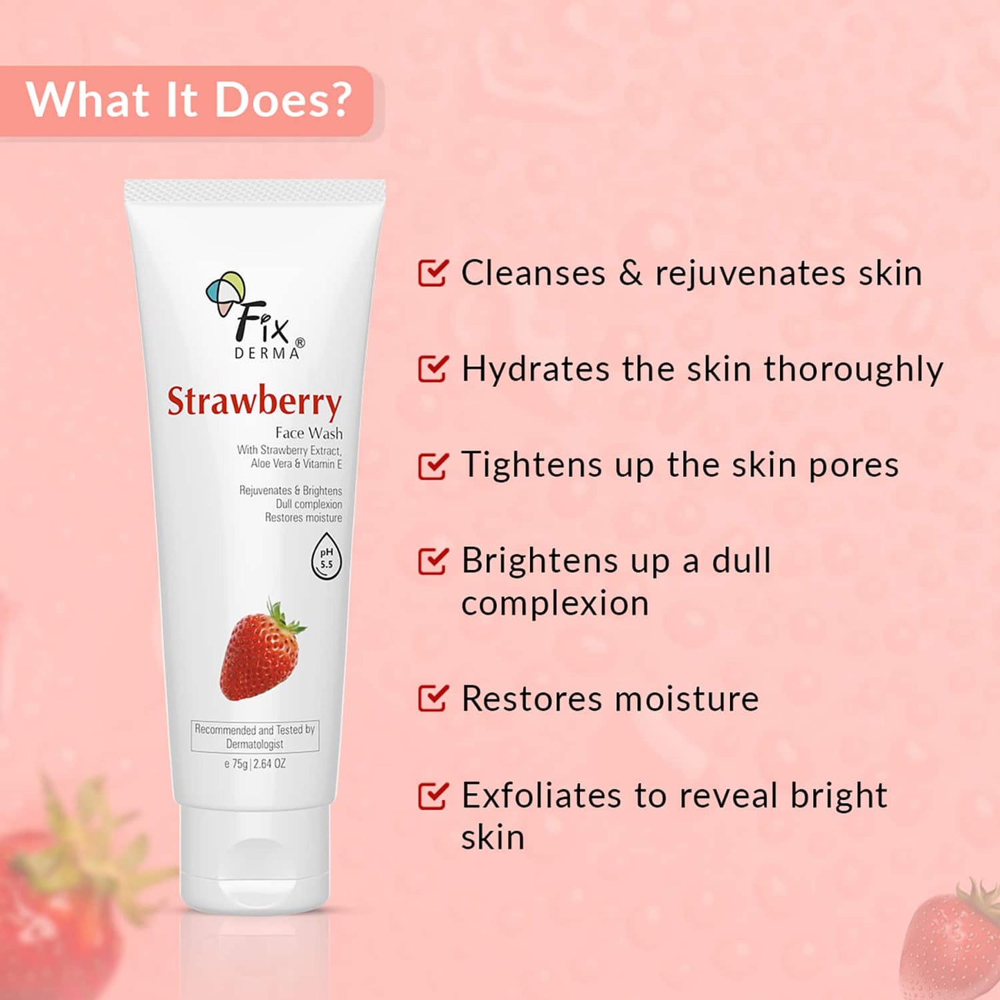 Fixderma Strawberry Facewash with 0.2% Vitamin E & Strawberry Extract (75g)