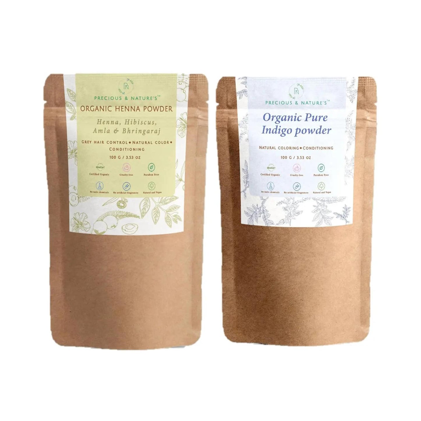 Precious & Nature's Organic Henna & Indigo Powder Set (2Pcs)