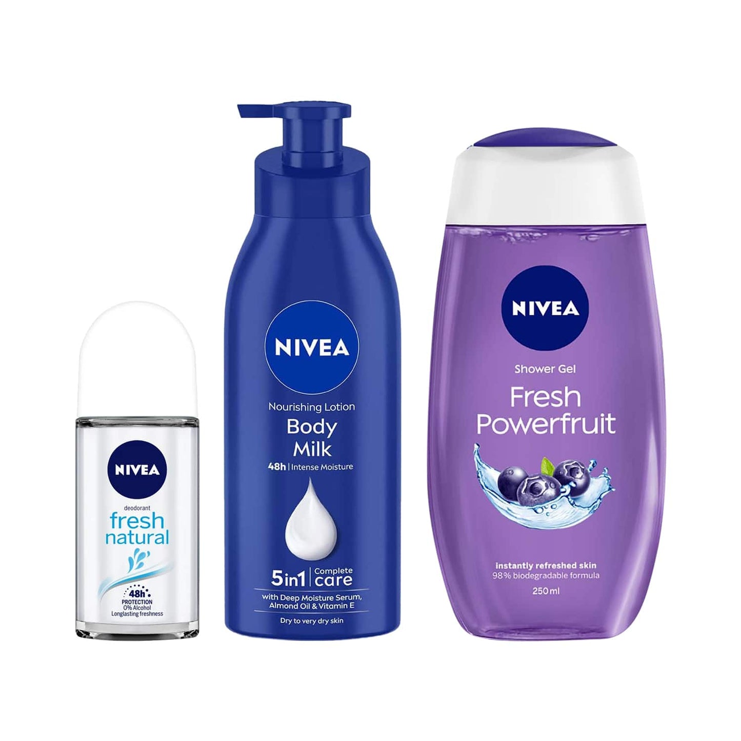 Nivea Essential Combo - Body Milk, Shower Gel & Natural Deo Roll On