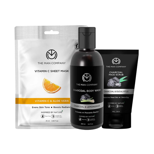 The Man Company Charcoal Exfoliating  Scrub (100g), Body Wash  (250ml) & Sheet Mask (25ml) Combo