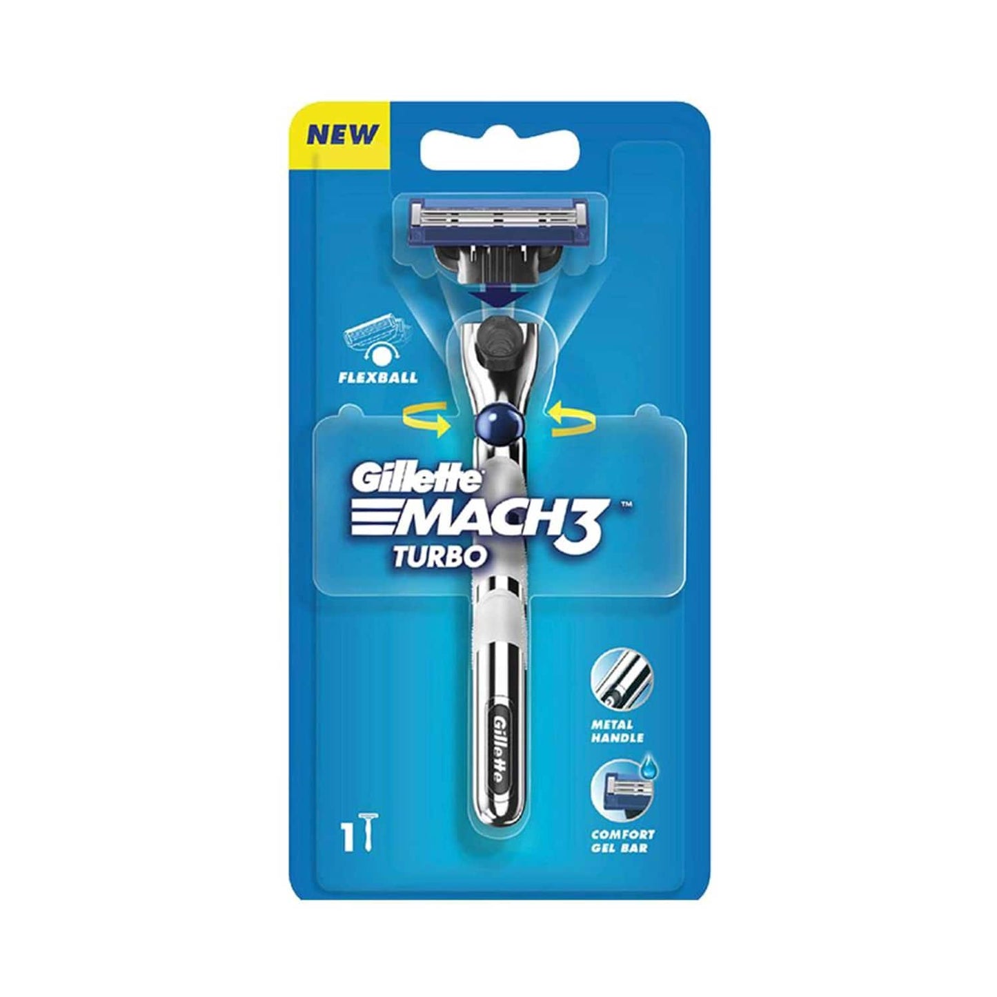 Gillette Mach 3 Turbo Men's Razor with Flexball Technology Metal Handle (1Pc)