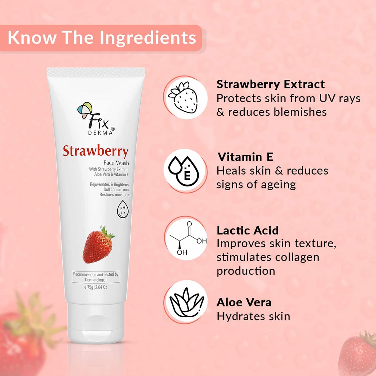 Fixderma Strawberry Facewash with 0.2% Vitamin E & Strawberry Extract (75g)