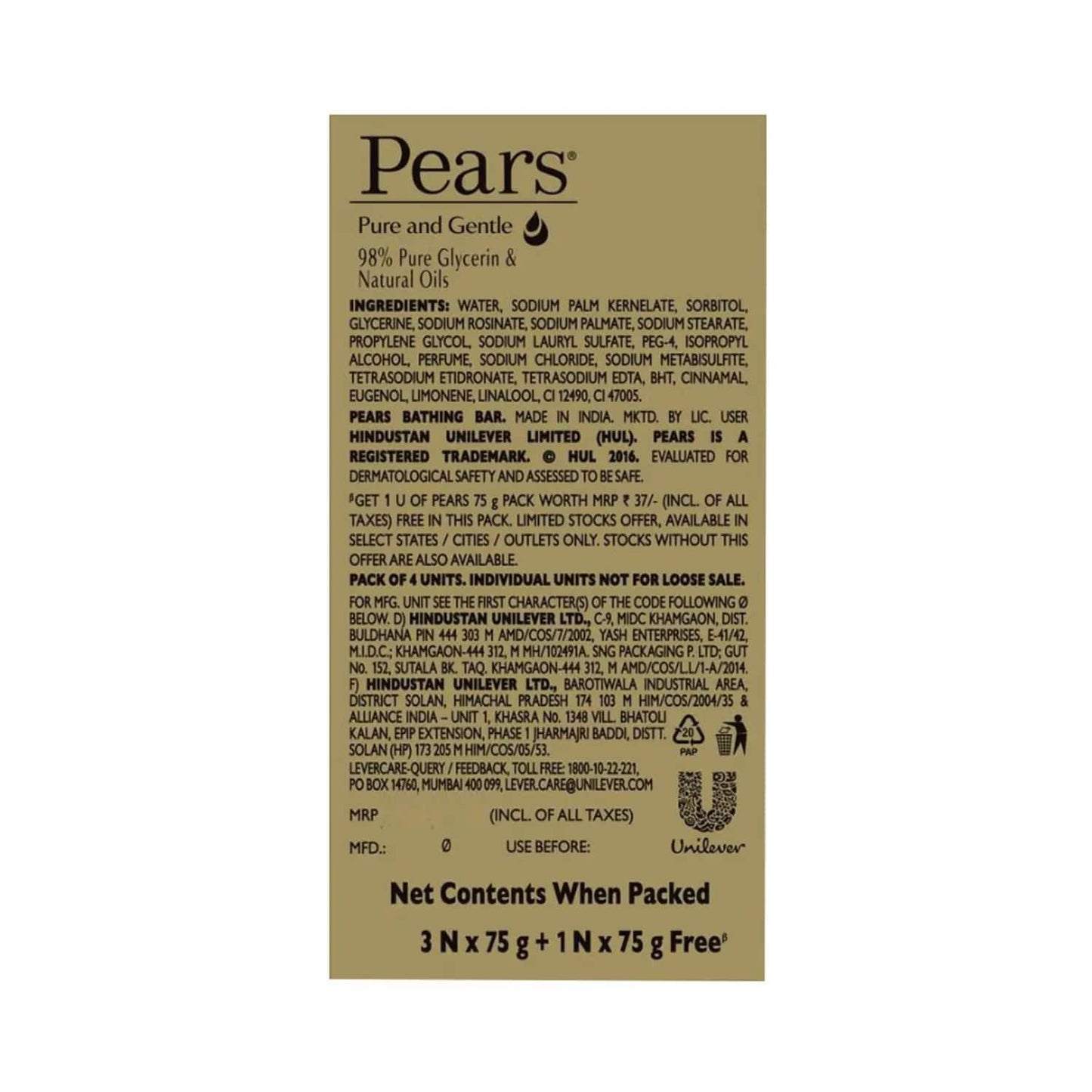 Pears Pure & Gentle Bathing Bar Soap (4Pcs)