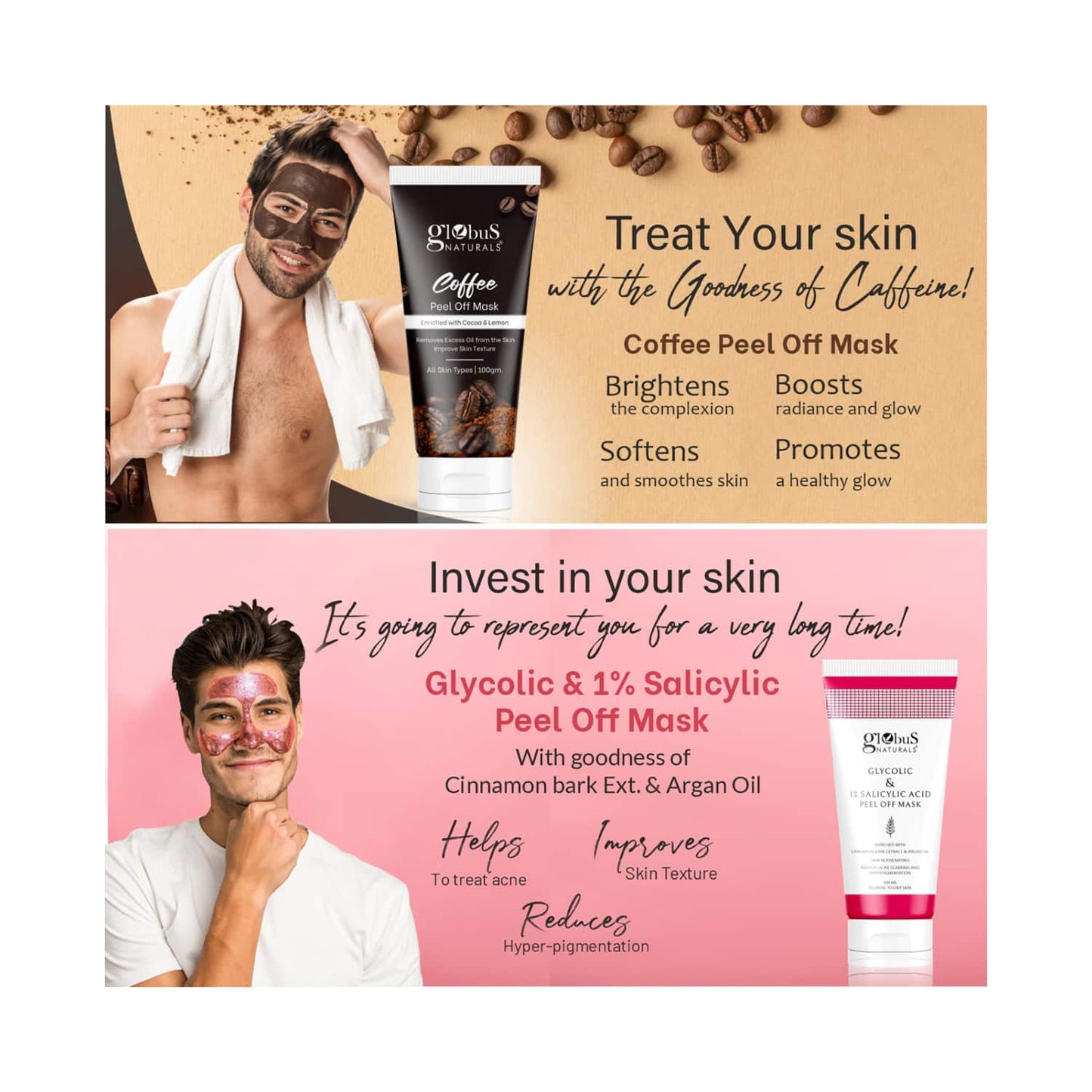 Globus Naturals Anti Acne Coffee , Glycolic & 1% Salicylic Acid Peel Off Mask Combo For Men (2 Pcs)