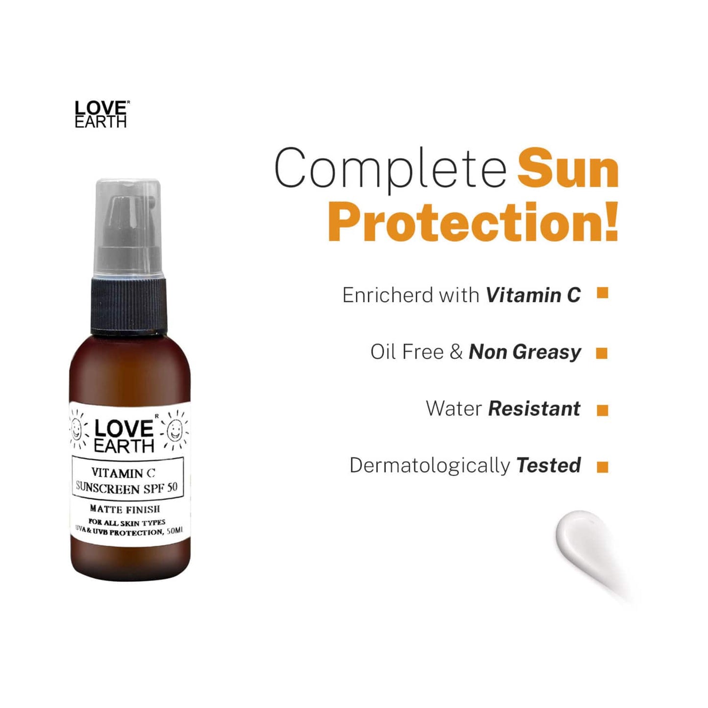 Love Earth Vitamin C Sunscreen SPF 50 UVA UVB Ray Protection With Vitamin C & Essential Oils (50ml)