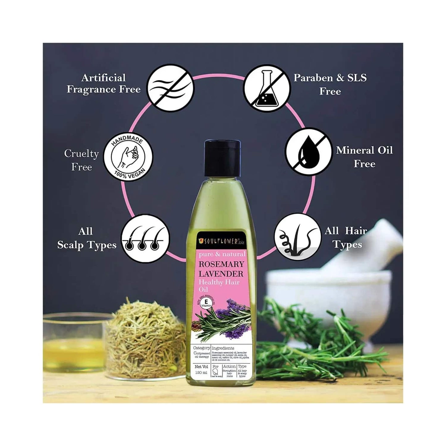 Soulflower Pure And Natural Rosemary Lavender Healthy Hair Oil (120ml)