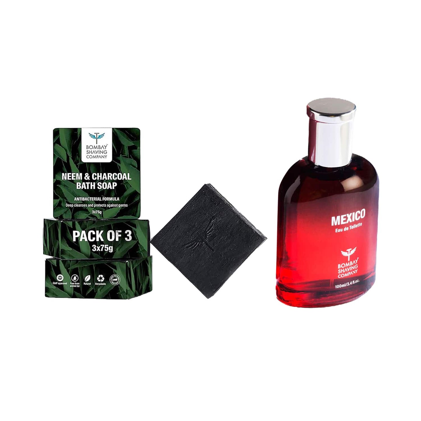 Bombay Shaving Company Mens Neem & Charcoal Bath Soap (3 pcs) & Mexico Premium Perfume(100 ml) Combo