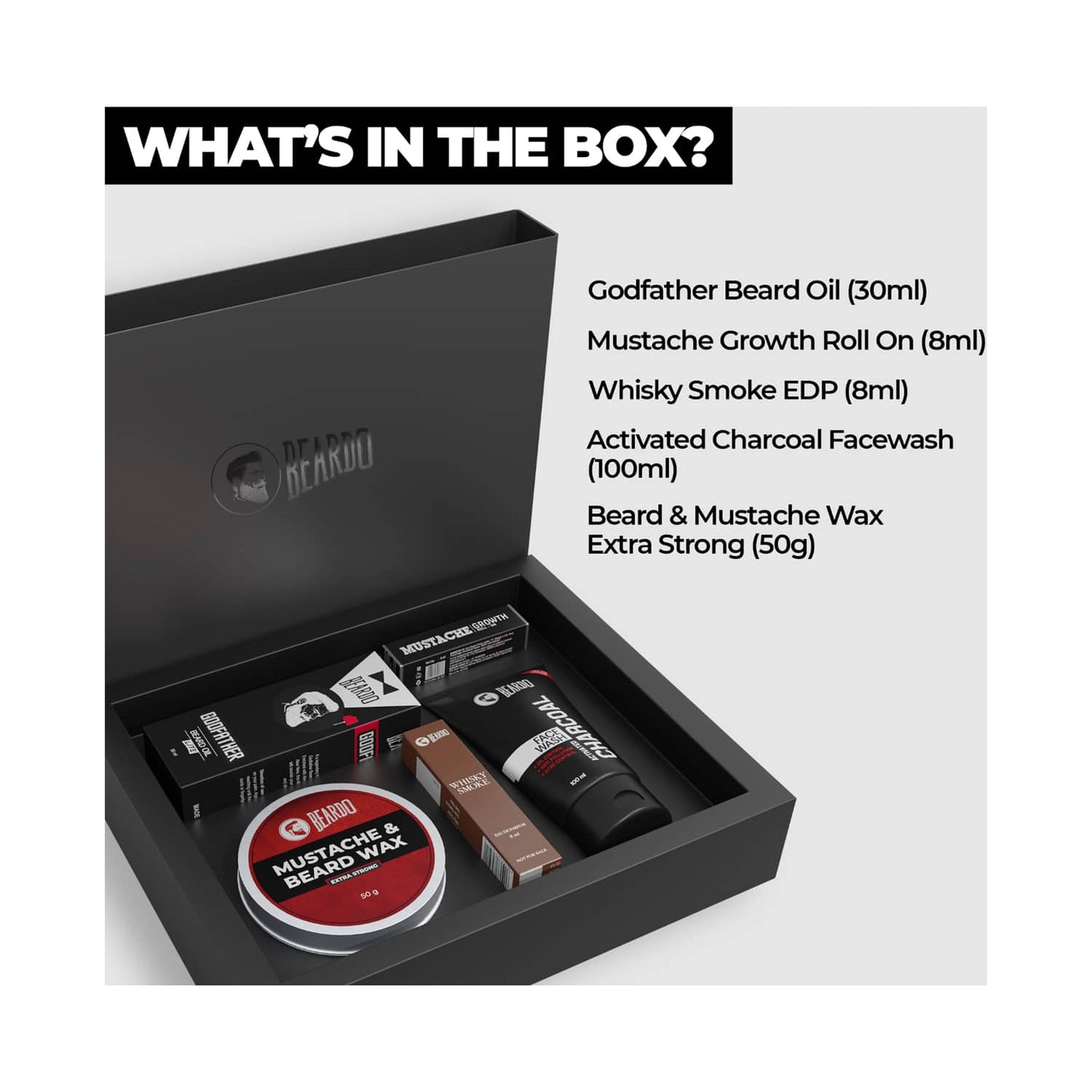 Beardo 5-In-1 Combo Gift Box With Charcoal Face Wash, Godfather Oil, Moustache Wax, Growth Roll On & Whisky Smoke Eau De Perfume - (5 Pcs)