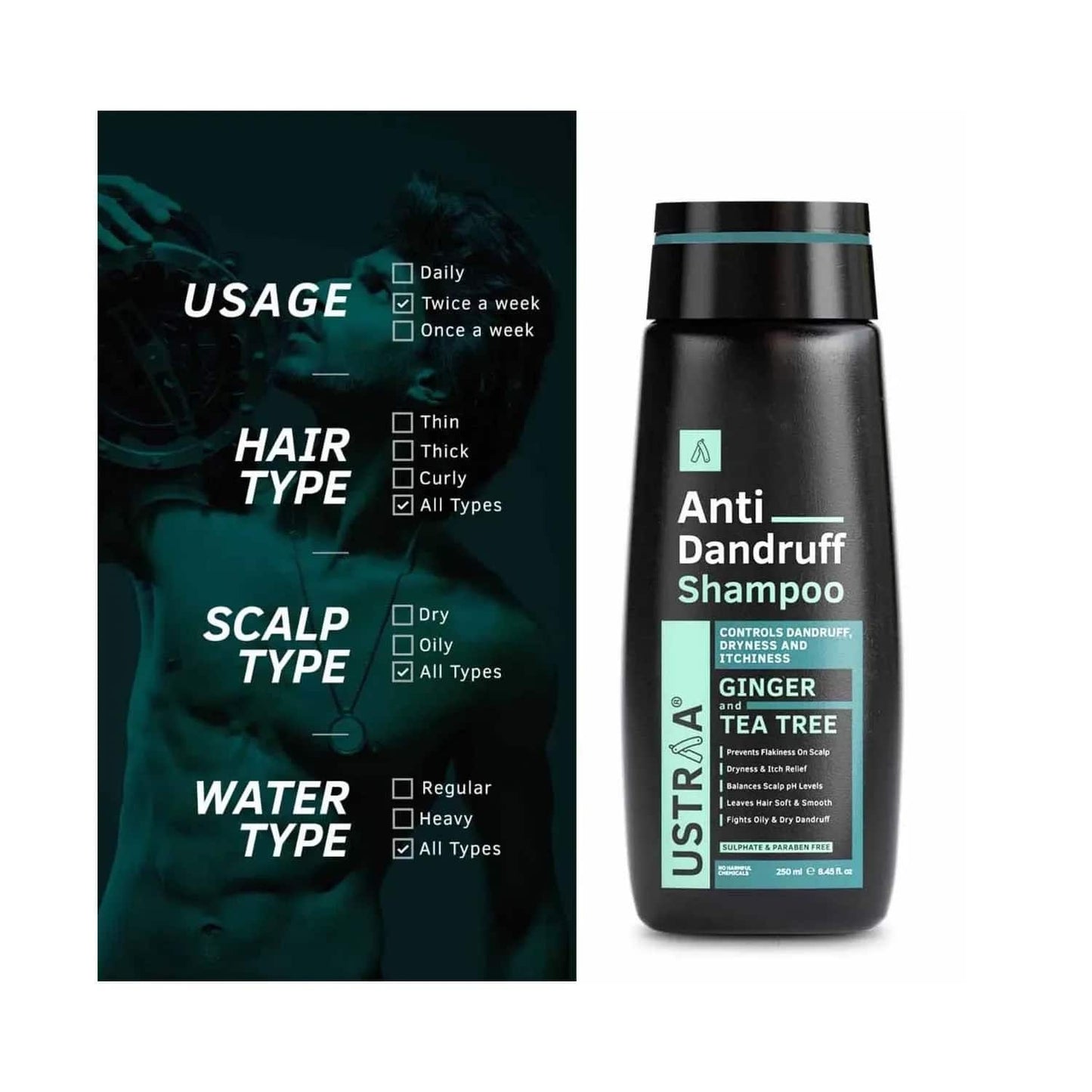 Ustraa Anti Dandruff Ginger & Tea-Tree Hair Shampoo (250ml)