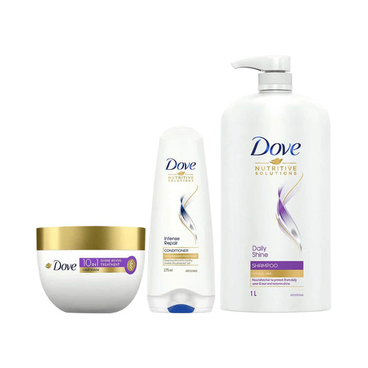 Dove Daily Shine Shampoo + Intense Repair Conditioner + Shine Revive Treatment Hair Mask Combo