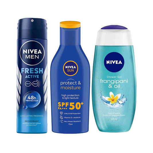 Nivea Frangipani & Oil Body Wash and Fresh Active Deodorant, Sun Lotion Summer Essential Combo