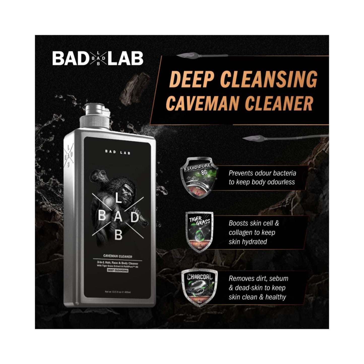 Bad Lab Caveman 3-In-1 Deep Cleansing Hair, Face And Body Cleaner (400ml)