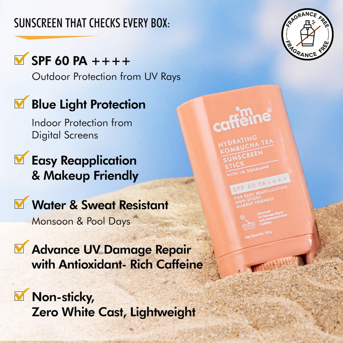 mCaffeine Kombucha Tea Sunscreen Stick with 1% Squalane SPF 60 PA++++ (20 g)