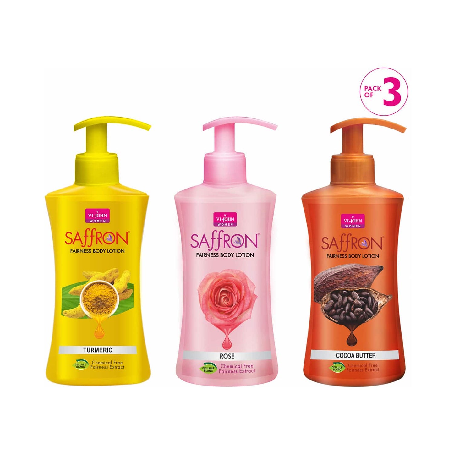 VI-JOHN Women Saffron Fairness Body Lotion Rose, Turmeric & Cocoa Butter (Pack of 3) (250 ml)