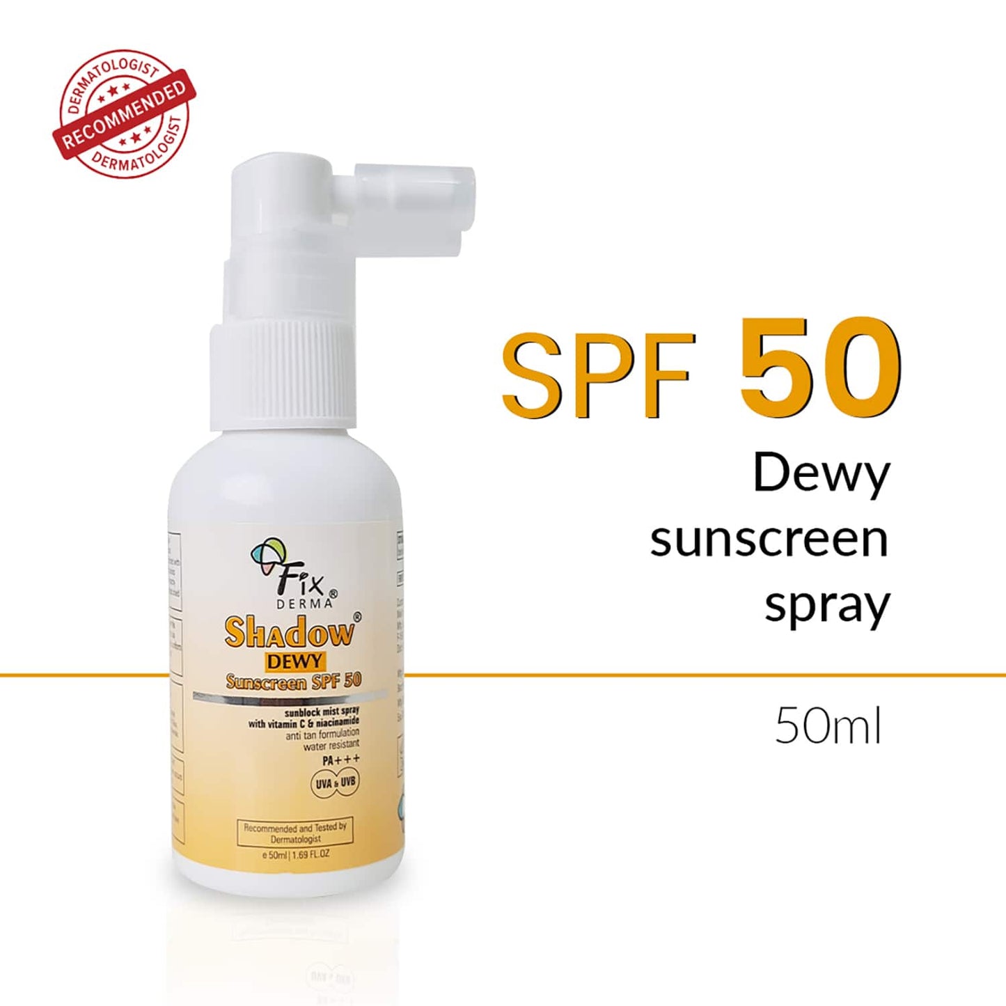 Fixderma Shadow Dewy Sunscreen Spray Prevents Tanning with Vitamin C & Niacinamide (50ml)