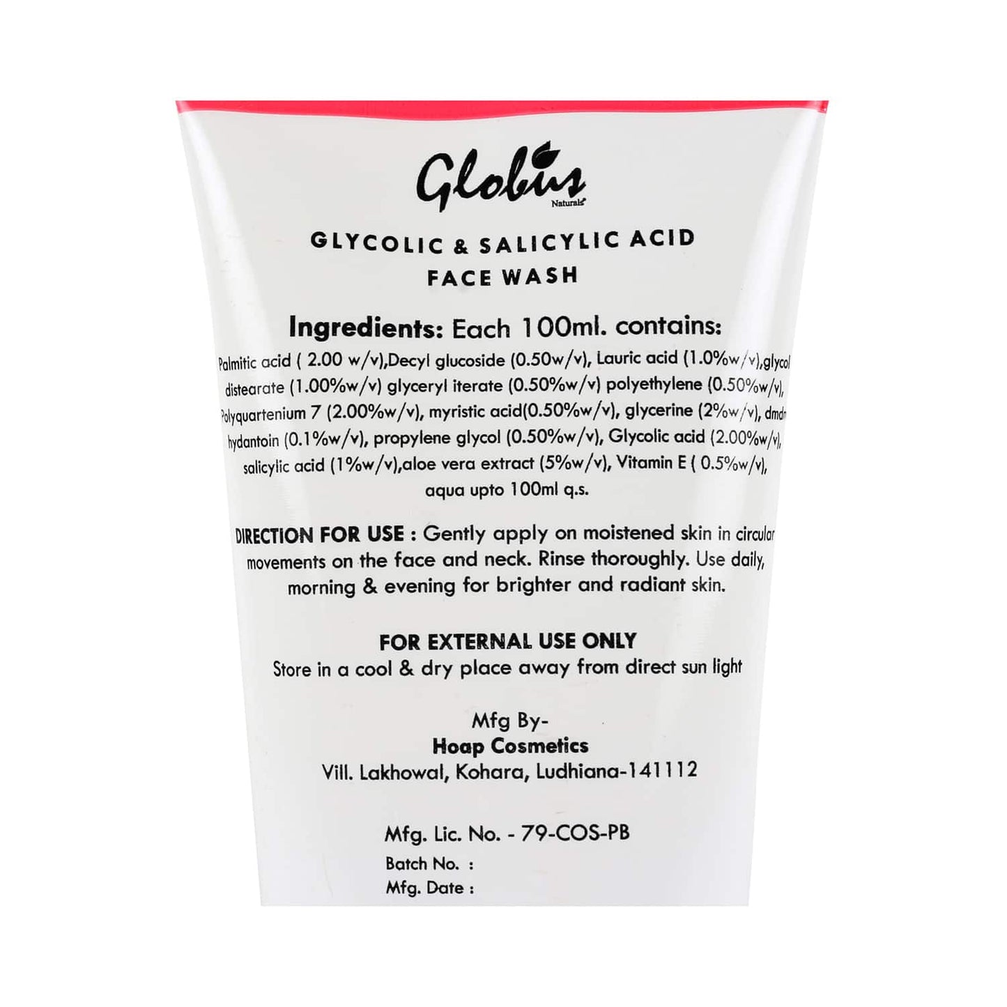 Globus Naturals Glycolic & Salicylic Acid Pimple Clear Face Wash (100ml)