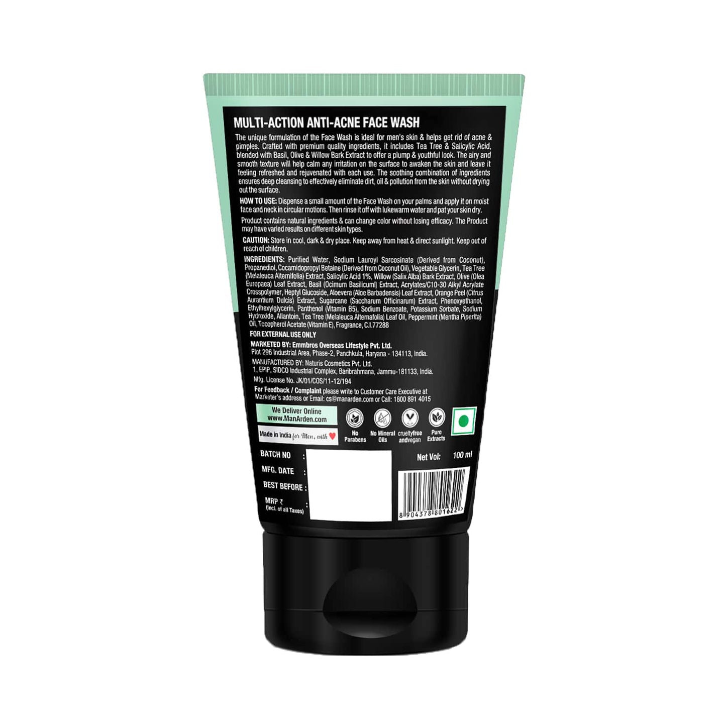 Man Arden Daily Multi-Action Anti-Acne Face Wash For Oily Skin With Power Duo Tea Tree & Salicylic Acid 1% (100ml)