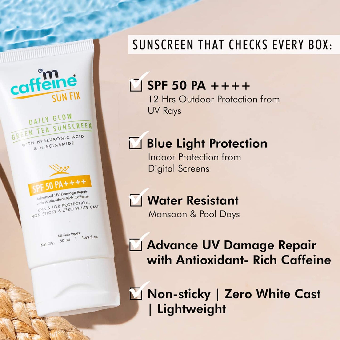 mCaffeine Daily Glow Sunscreen SPF50 PA++++ with Niacinamide & Green Tea, No White Cast