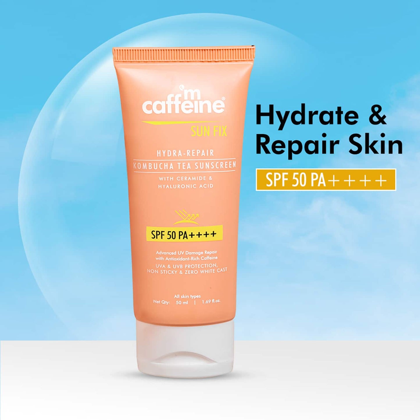 mCaffeine Hydra Repair Sunscreen SPF 50 PA++++ with Kombucha Tea UVA-UVB Protection & No White Cast