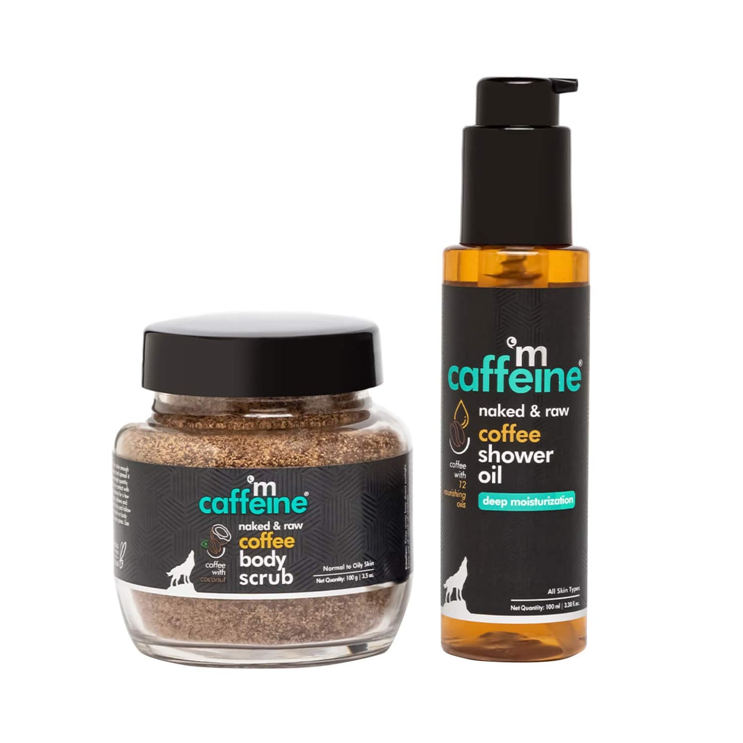 mCaffeine Naked & Raw Coffee Shower Oil And Naked & Raw Coffee Body Scrub - (2Pcs)