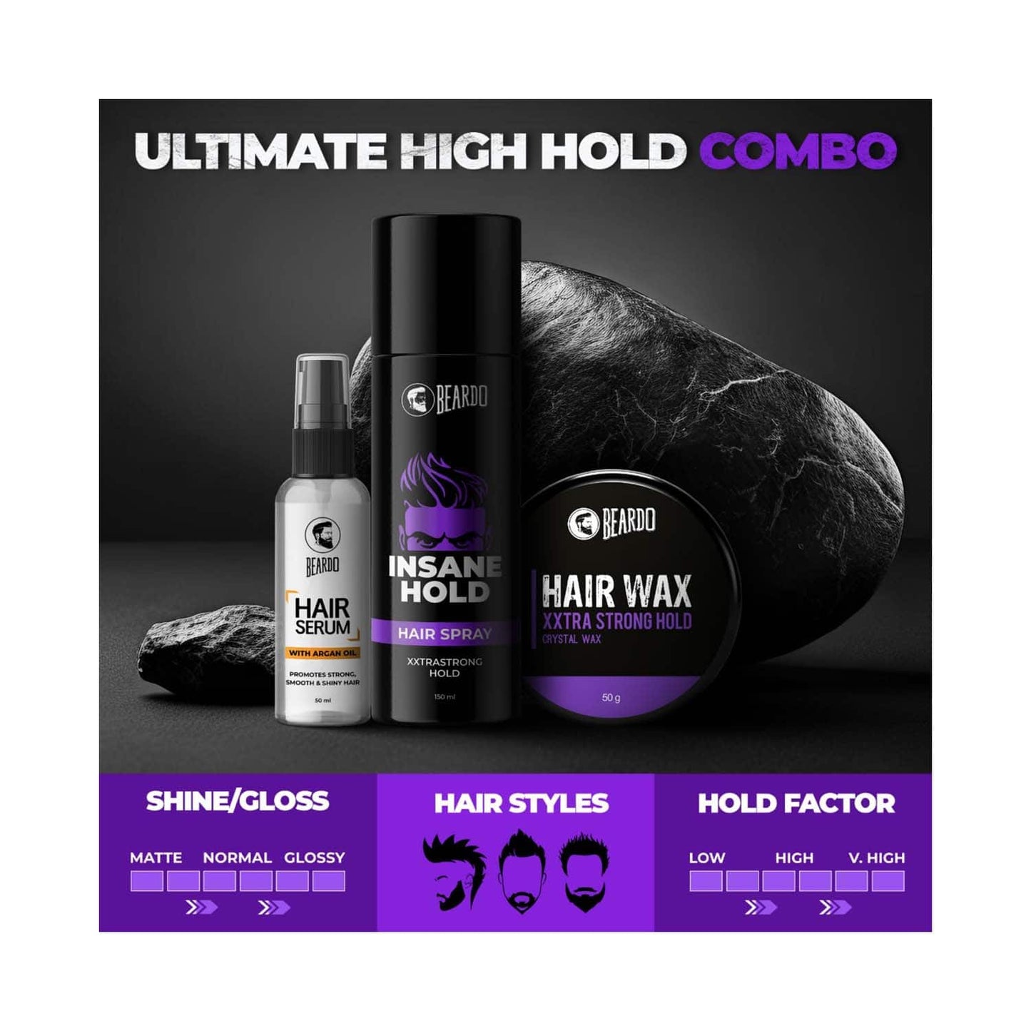 Beardo Ultimate Styling Combo Include Hair Serum with Xtra Strong Hair Wax, Insane Hold Spray (3Pcs)