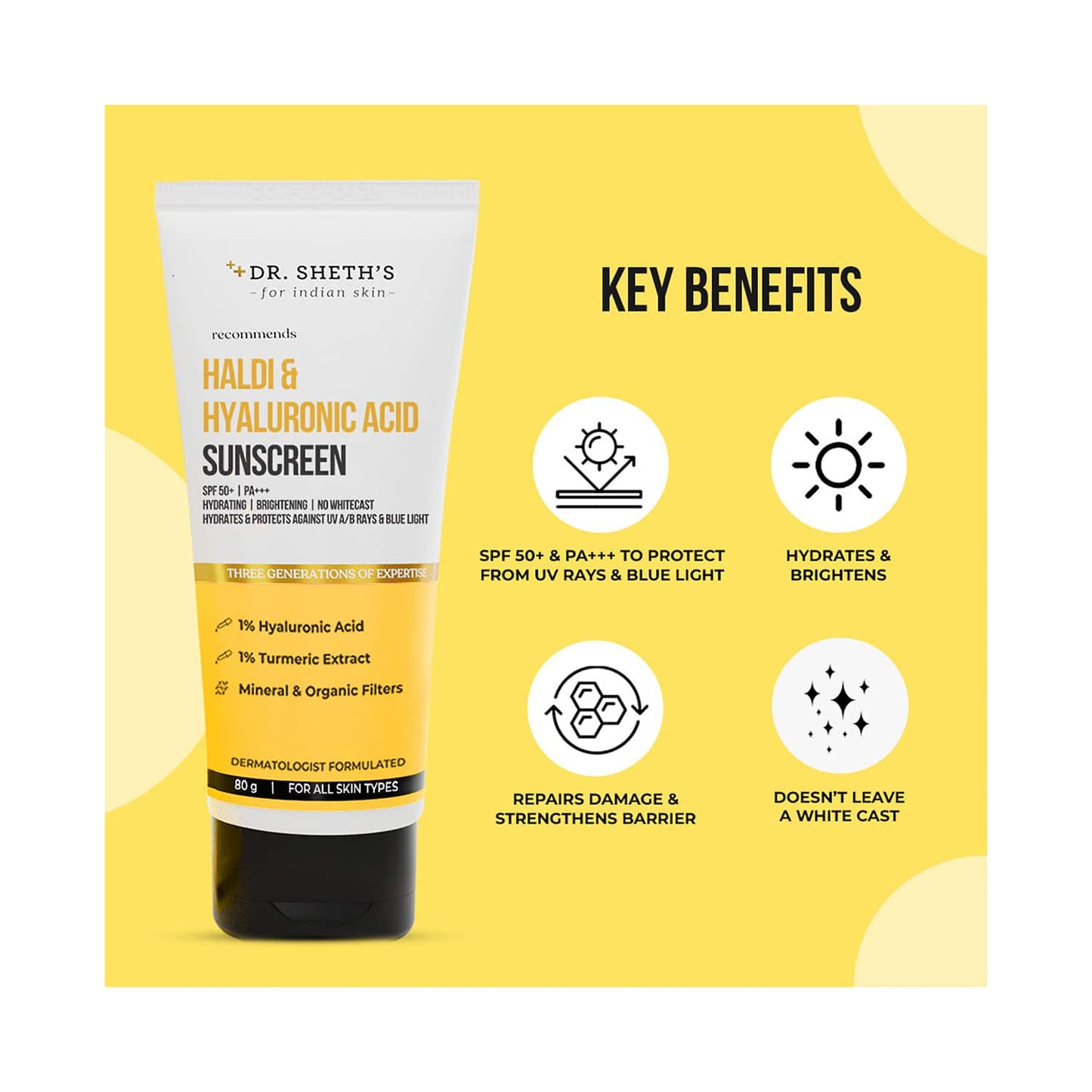 Dr. Sheth's Haldi & Hyaluronic Acid Sunscreen 50+ PA+++ (80g)