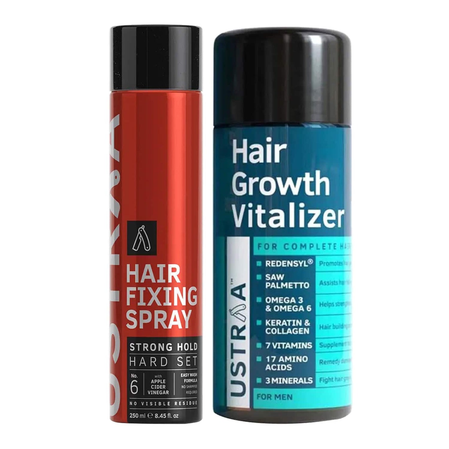 Ustraa Hair Fixing Spray Strong Hold Hard Set With Apple Cider Vinegar & Hair Growth Vitalizer Combo