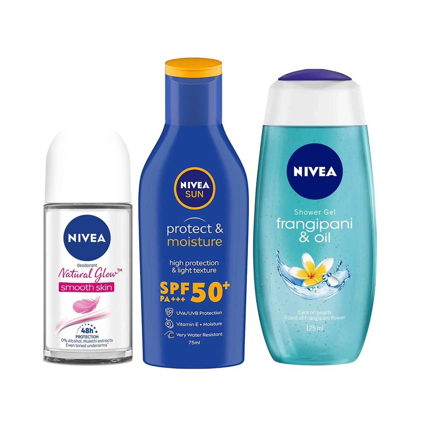 Nivea Frangipani & Oil Body Wash and Glow Smooth Skin Roll, Sun Lotion Summer Essential Combo