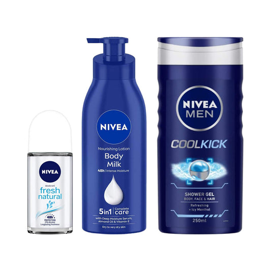 Nivea Essential Combo - Body Milk, Shower Gel & Fresh Natural Deo Roll On