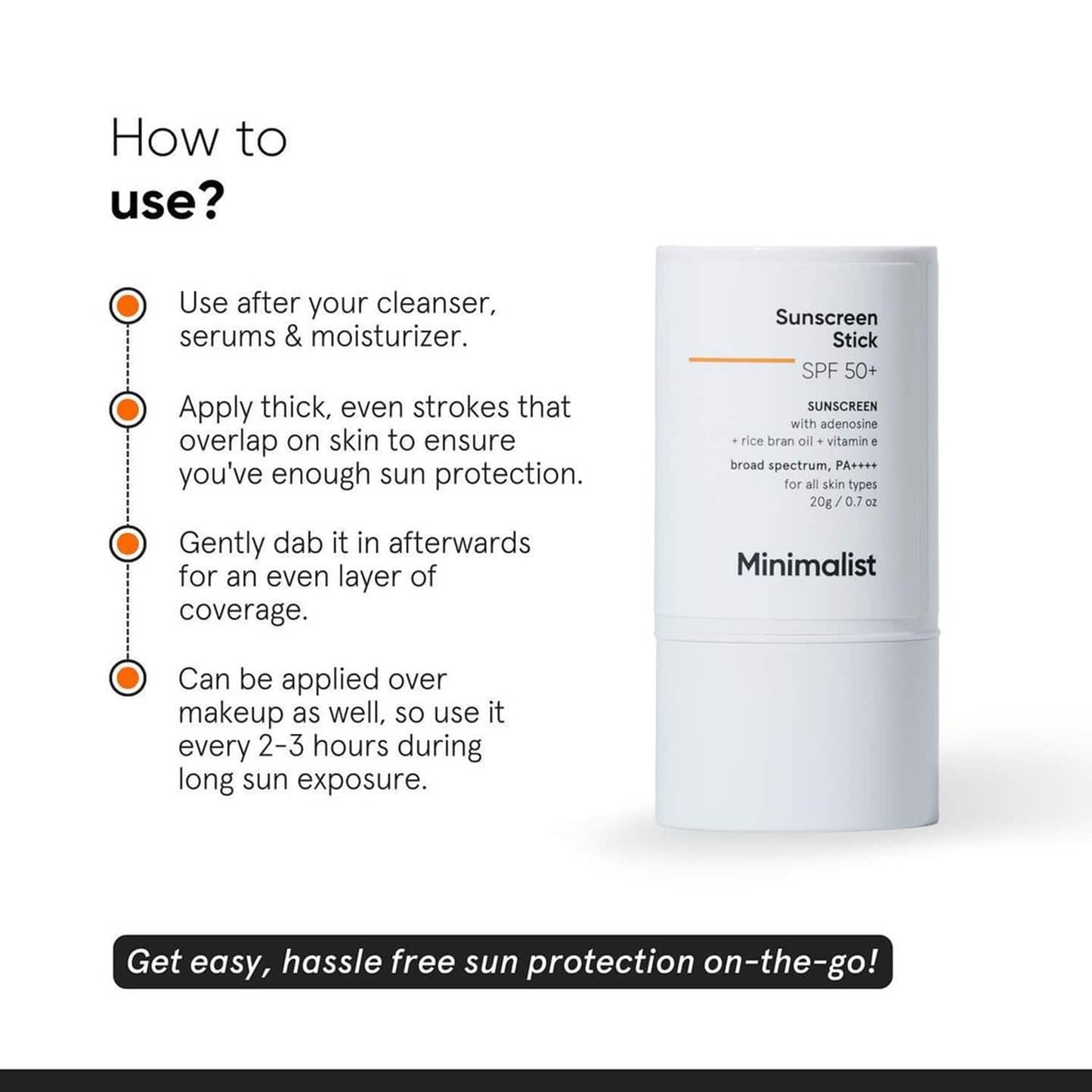 Minimalist SPF 50 Sunscreen Stick With Adenosine, Rice Bran Oil & Vitamin E Broad Spectrum PA++++ (20g)