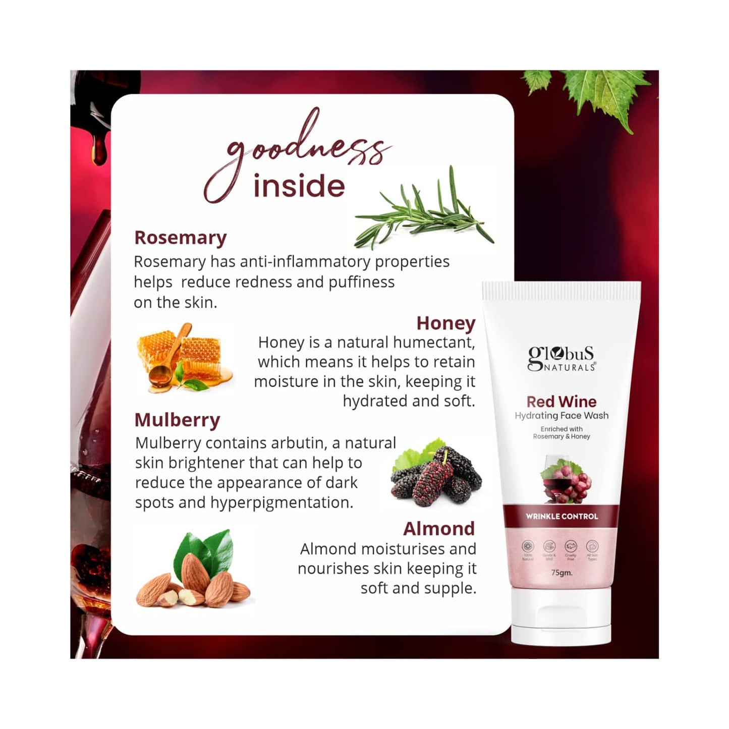 Globus Naturals Red Wine Hydrating Face Wash Enriched With Rosemary & Honey For Wrinkle Control (2pc)