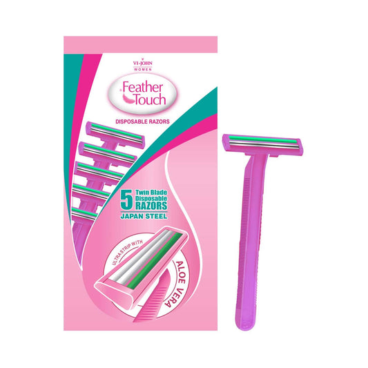 VI-JOHN Feather Touch Twin Blade Shaving Razors with Lubricating Aloe Vera Strip - Pink (5Pcs)