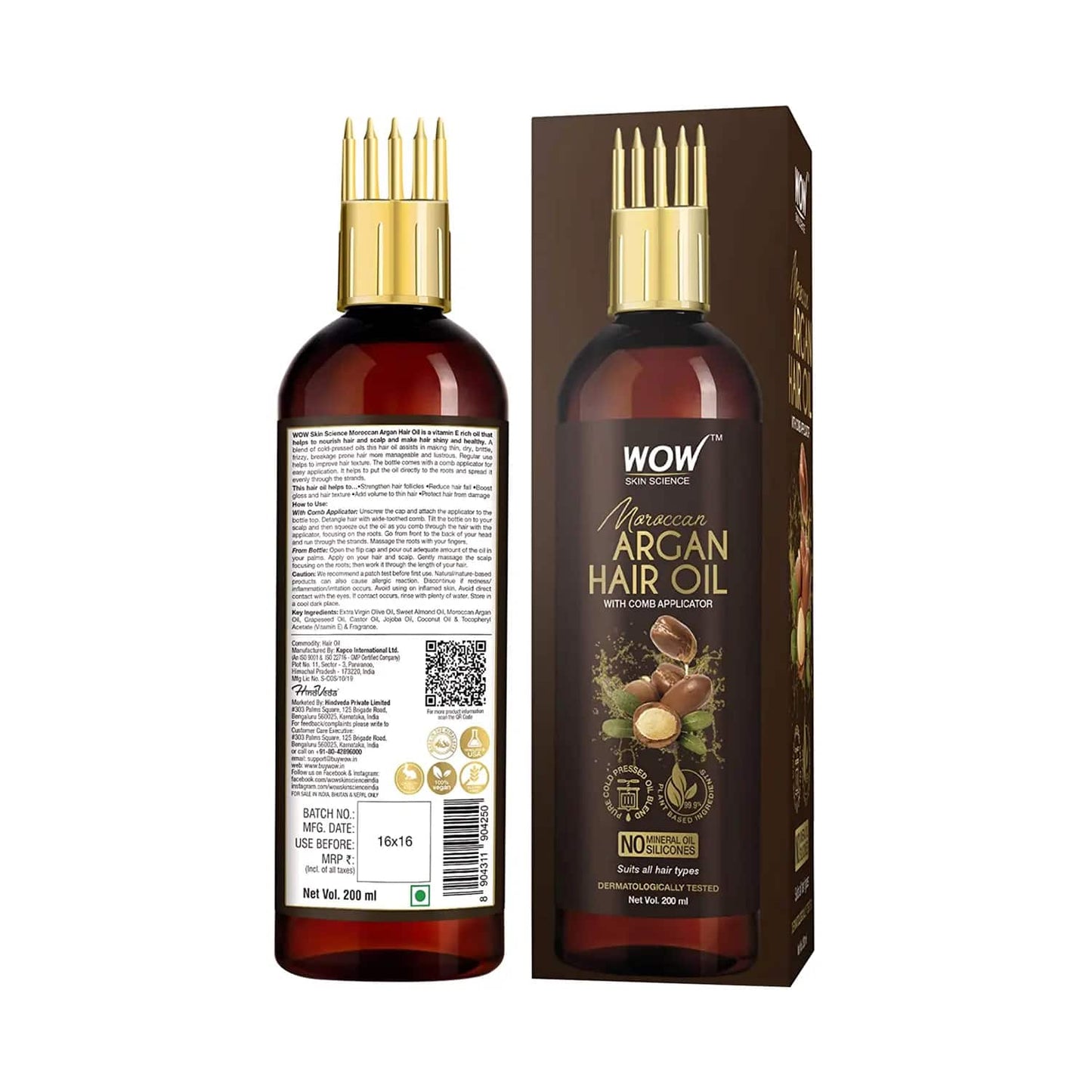 WOW SKIN SCIENCE Moroccan Argan Hair Oil with Comb Applicator (200ml)