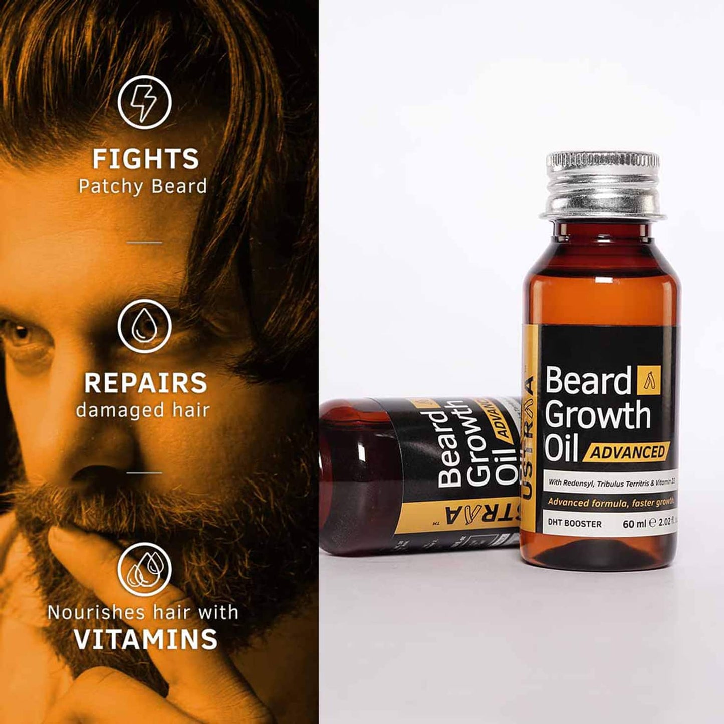 Ustraa Beard Growth Oil Advanced 60ml, Hair Wax Wet Look 100g & Anti-hair Fall Shampoo 250ml - 3pcs