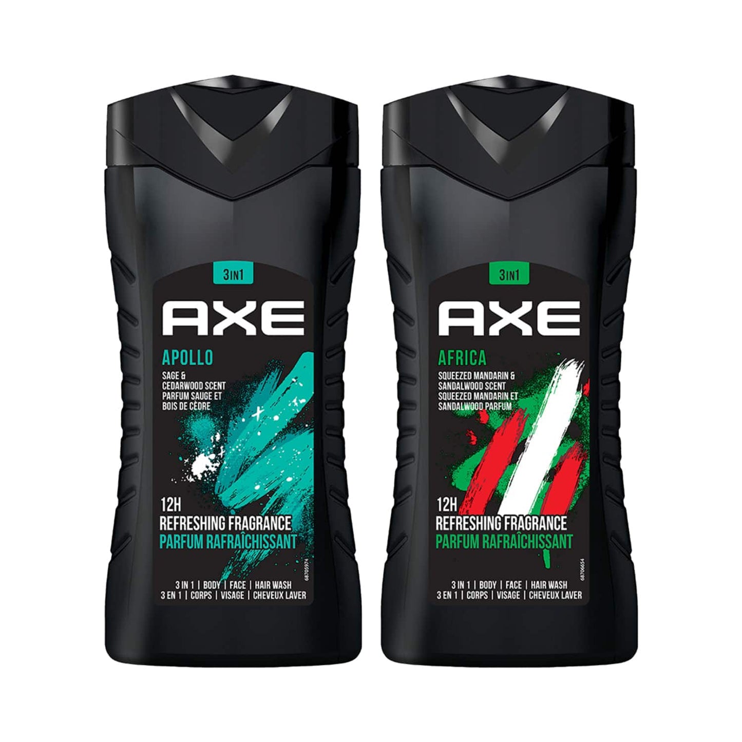 AXE Africa (250ml) & Apollo (250ml) 3 In 1 Body Face & Hair Wash For Men Long Lasting Combo