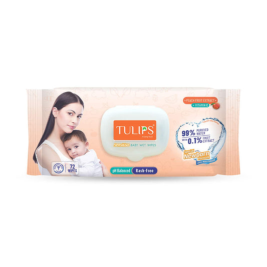 Tulips Sensitive Baby Wet Wipes With Peach Fruit Extracts And Lid (72Pcs)