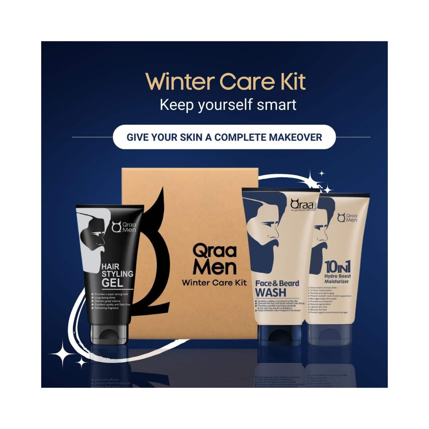 Qraamen Winter Care Kit with Hair Styling Gel Face & Beard Wash Boost Moisturizer (3 pcs)