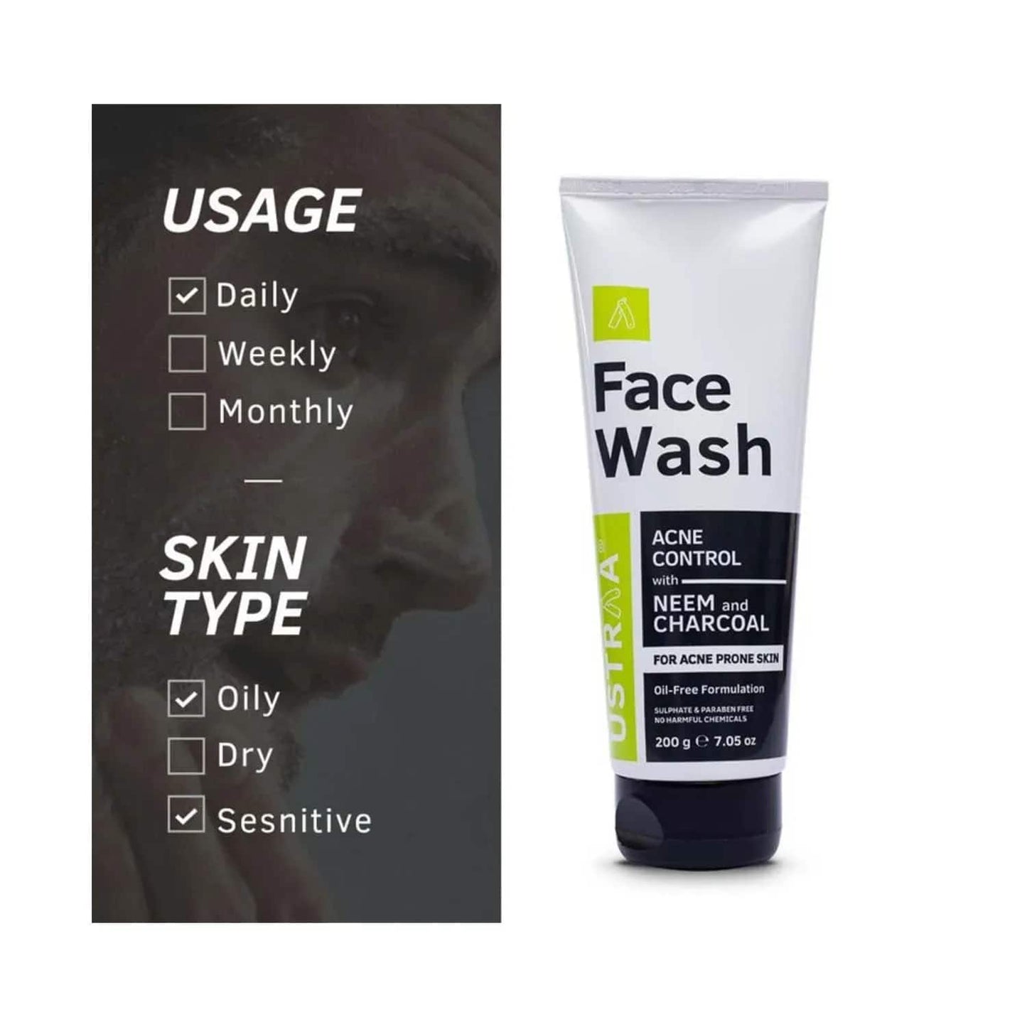 Ustraa Acne Control Neem & Charcoal Face Wash - (200g)