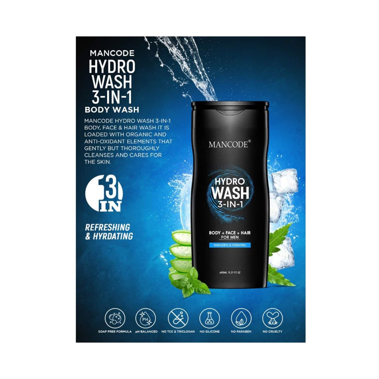 Mancode Hydro Wash 3-In-1 Body Wash (450ml)