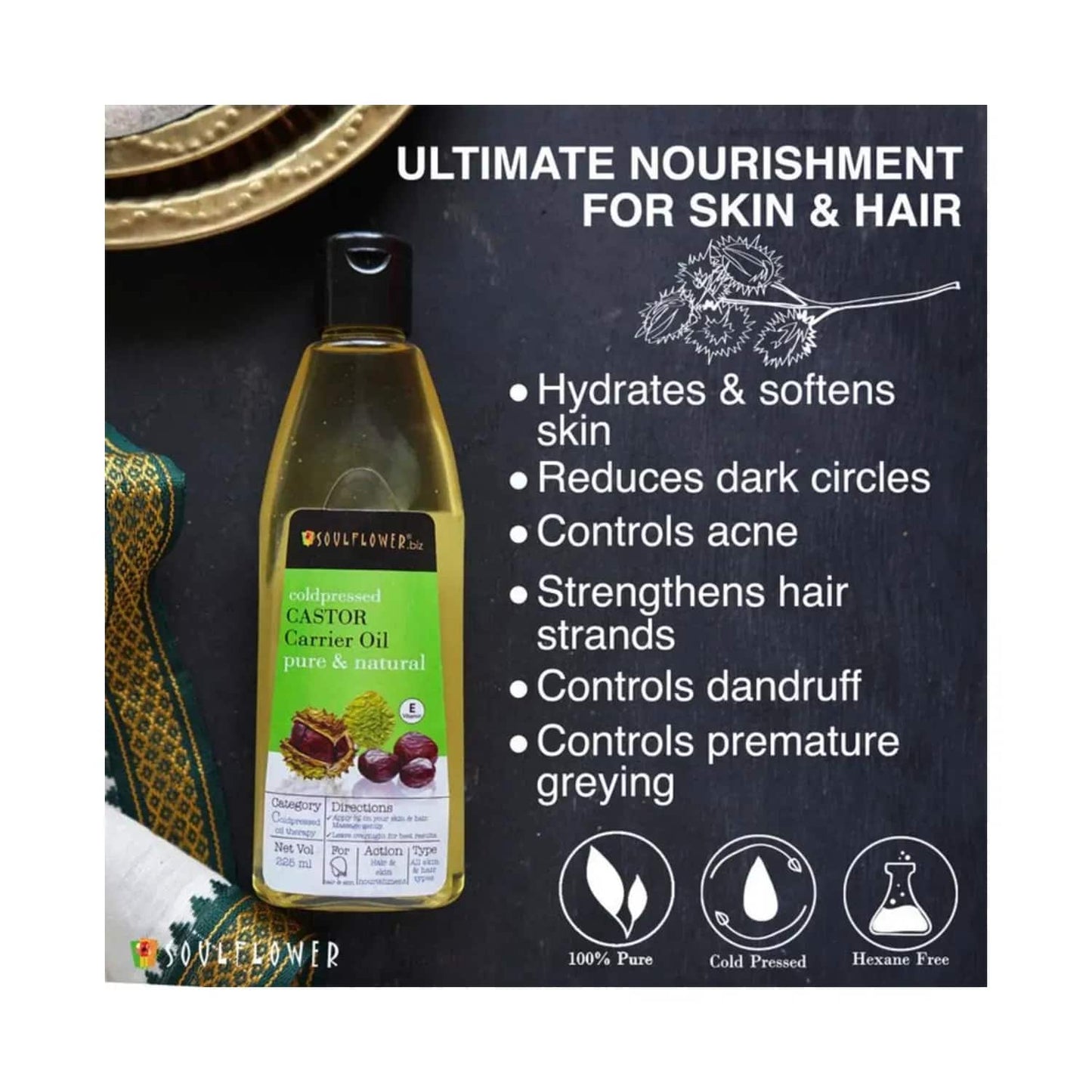 Soulflower Cold Pressed Castor Oil For Hair & Skin - (225ml)